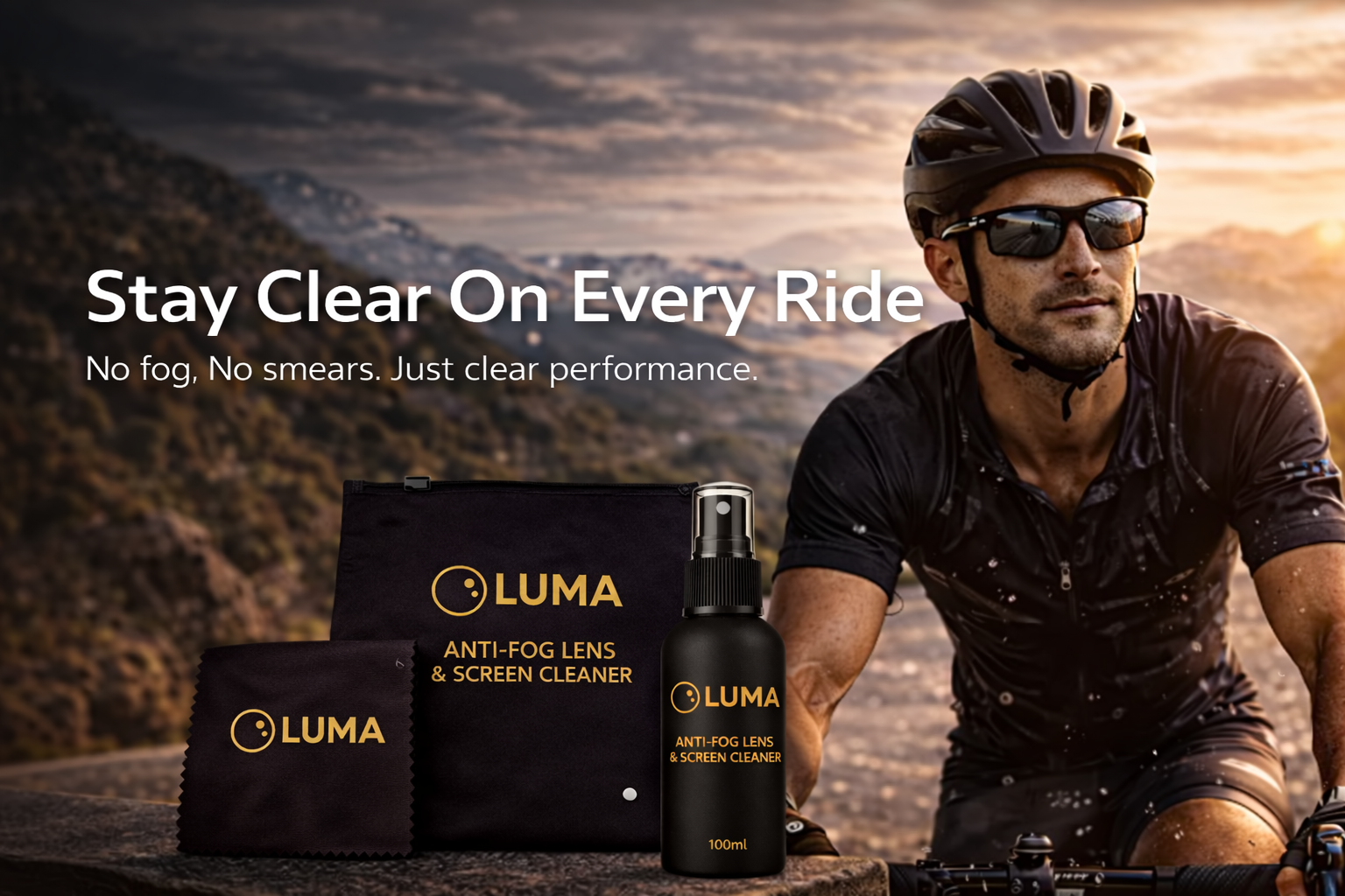 Biker with LUMA anti-fog lens and screen cleaner products against a mountainous background.