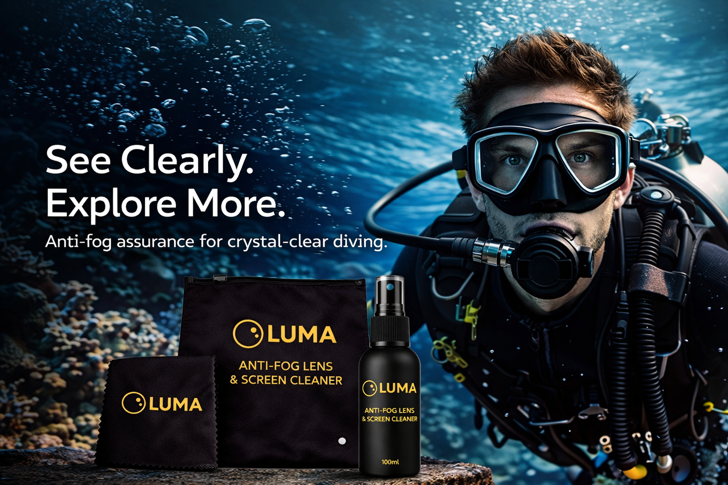 Diver wearing a Luma anti-fog mask with products on a diving background