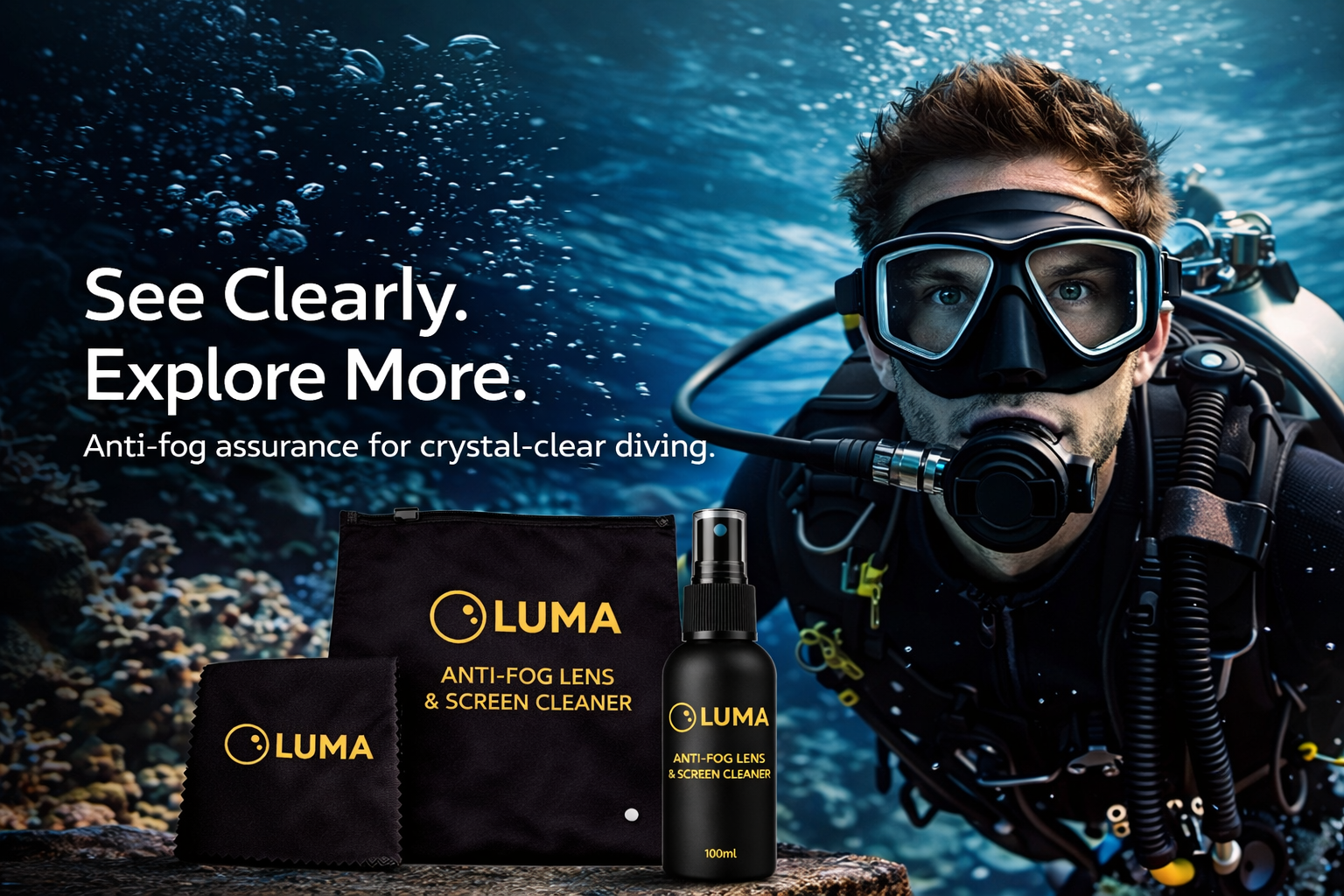 Diver wearing a Luma anti-fog mask with products on a diving background
