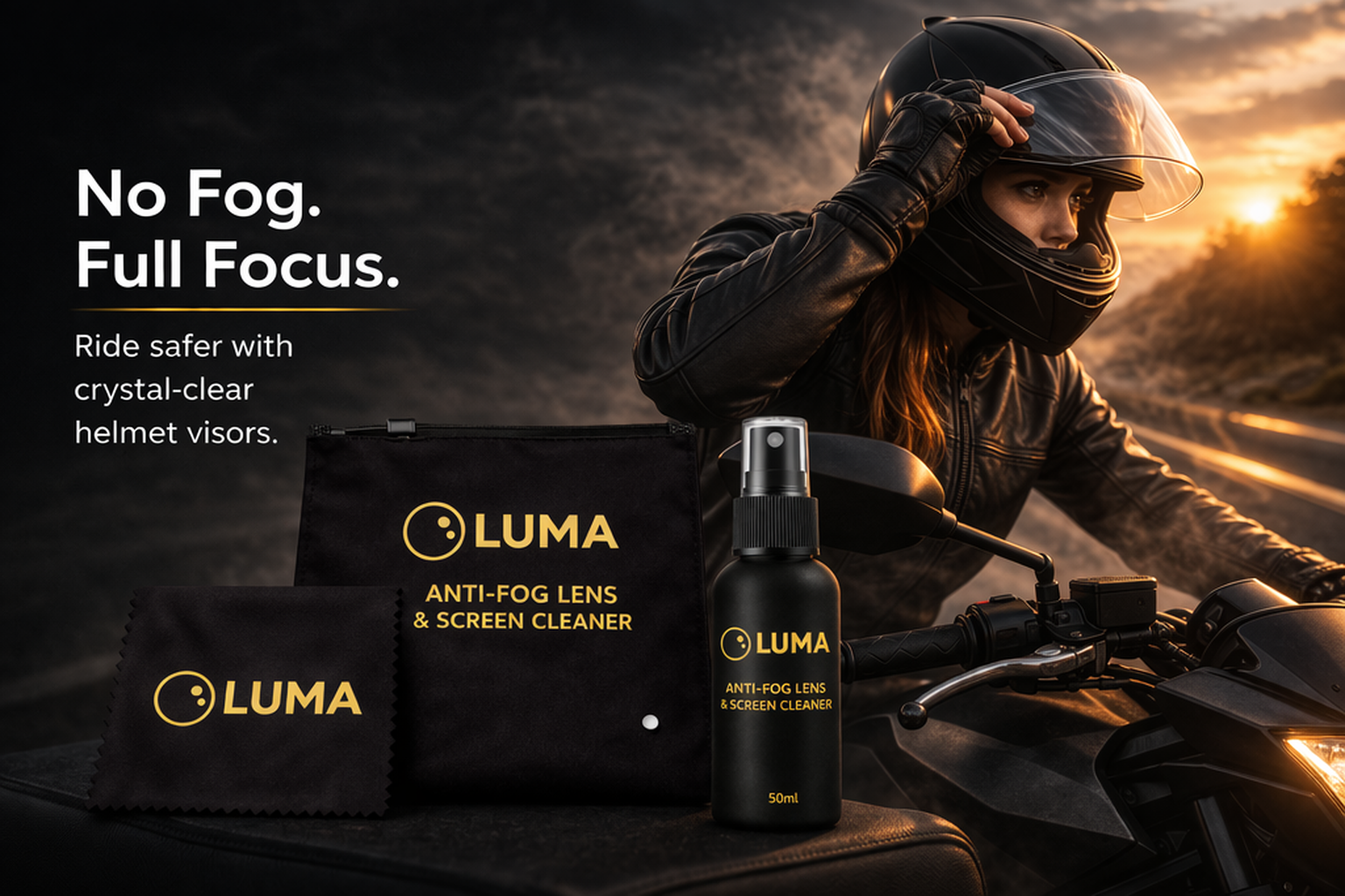Person on a motorcycle with Luma anti-fog lens and screen cleaner products.