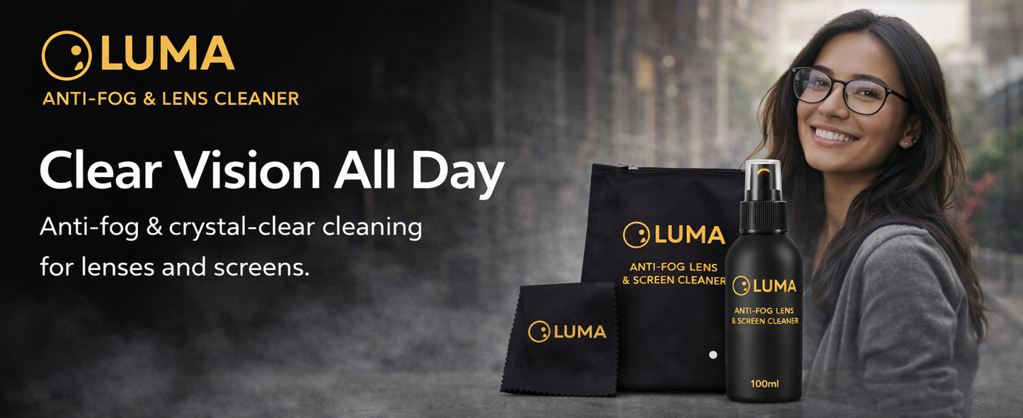 Luma anti-fog and lens cleaner products with a woman holding a bottle against a blurred cityscape background.