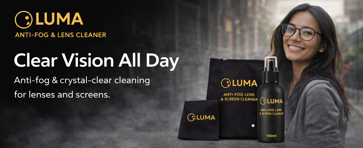 Luma anti-fog and lens cleaner products with a woman holding a bottle against a blurred cityscape background.