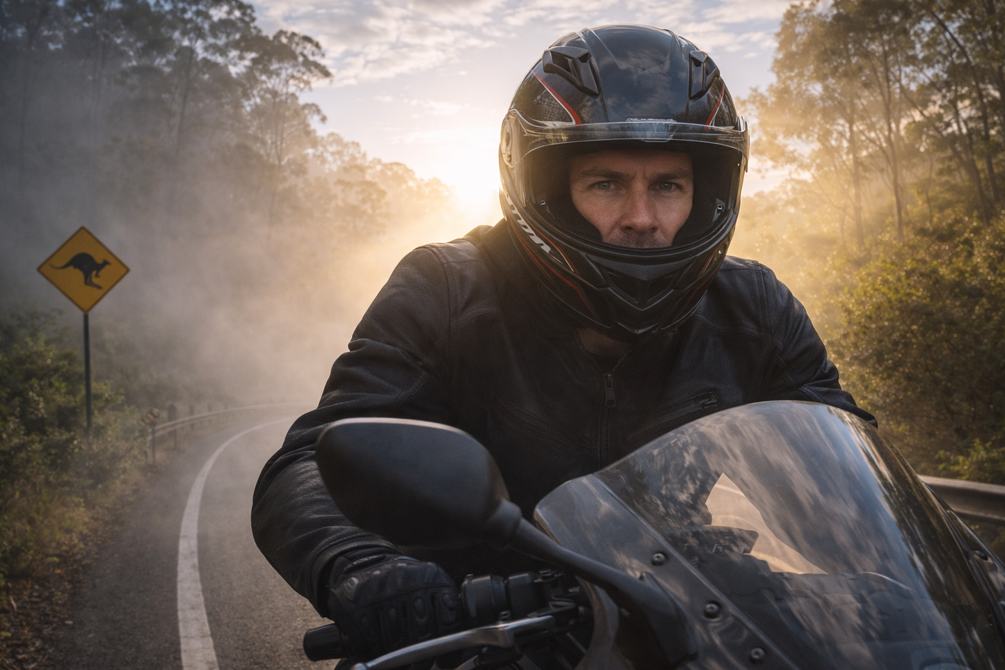 Person riding a motorcycle on a foggy road with a kangaroo sign in the background