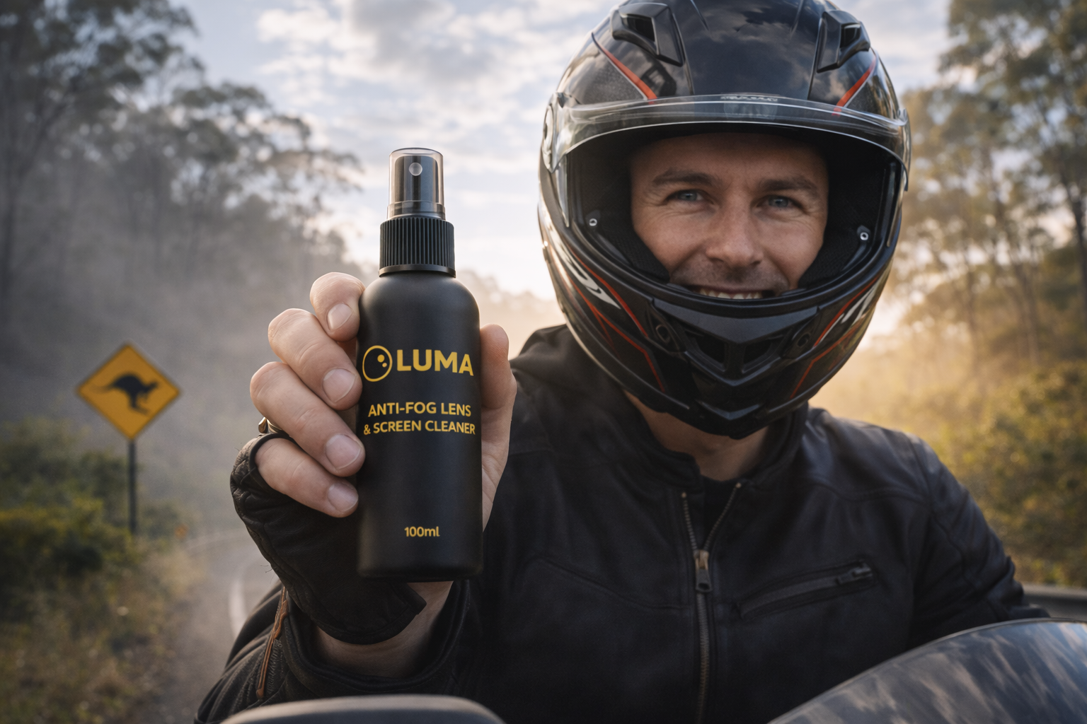 Person wearing a helmet holding a bottle of Luma anti-fog lens cleaner on a road with a sign in the background.