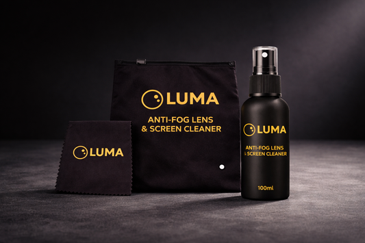 LUMA anti-fog lens and screen cleaner set on a dark background