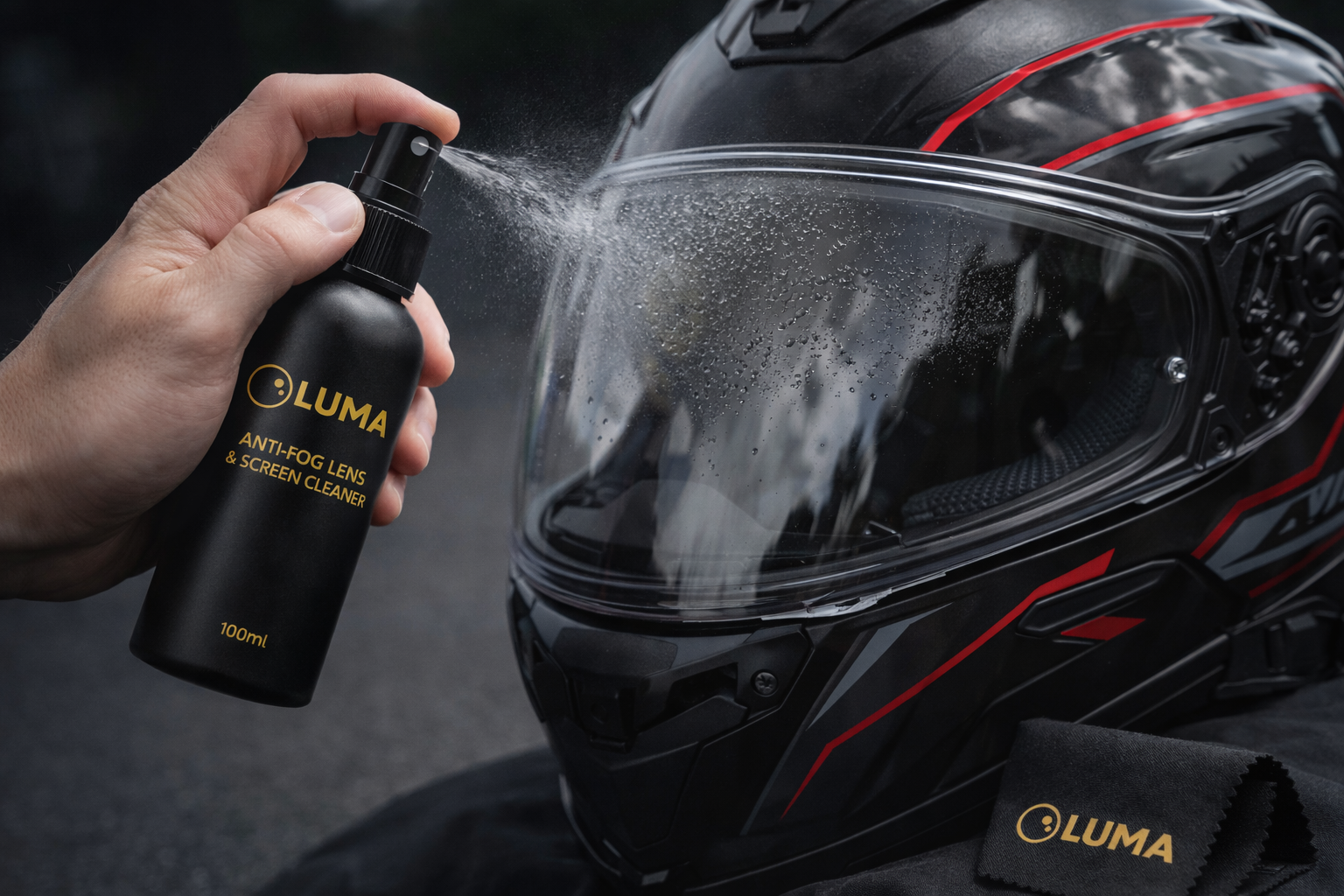 Person cleaning a motorcycle helmet with Luma anti-fog lens cleaner.