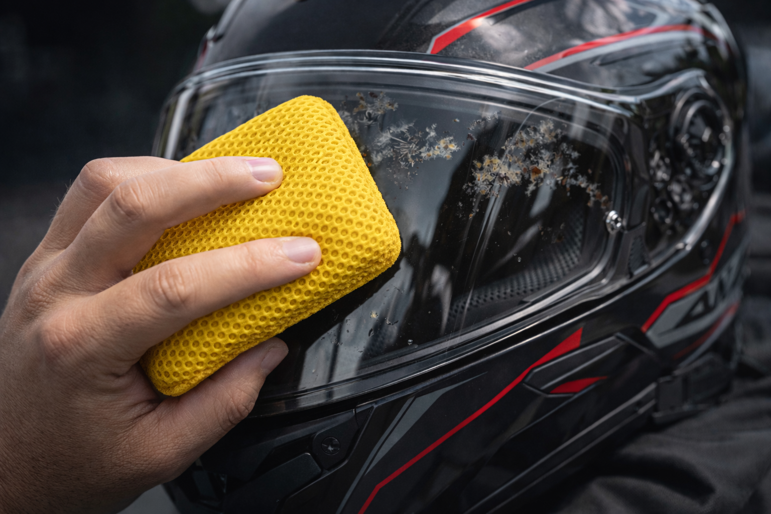 Person cleaning a black motorcycle helmet with a yellow sponge.