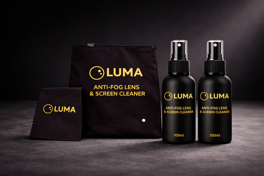 LUMA anti-fog lens and screen cleaner set with two bottles, a pouch, and a cloth on a dark background.