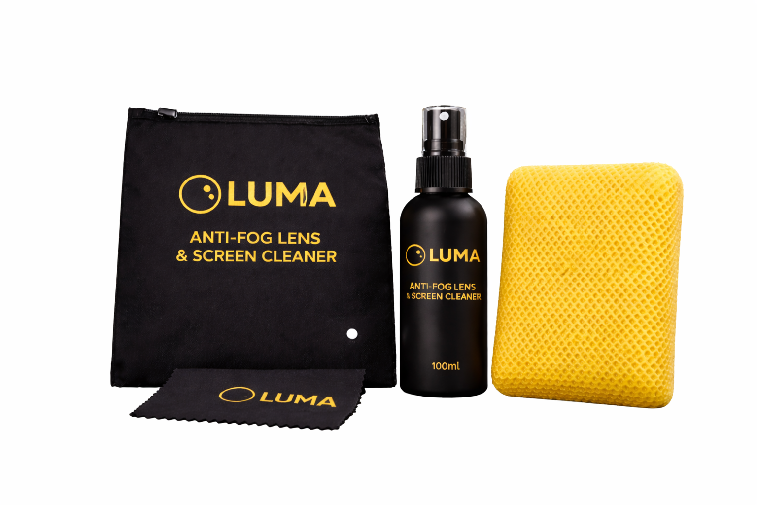Luma anti-fog lens and screen cleaner set with spray bottle, microfiber cloth, and pouch on a white background.