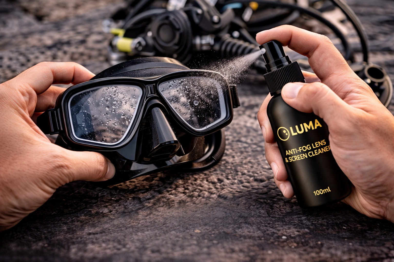 Person using Luma anti-fog lens cleaner on a diving mask