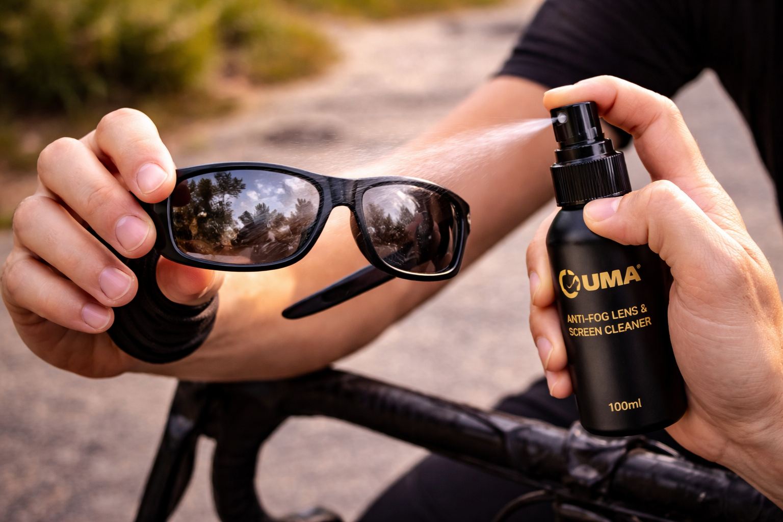 Person cleaning sunglasses with a bottle labeled 'UMA' on a blurred outdoor background