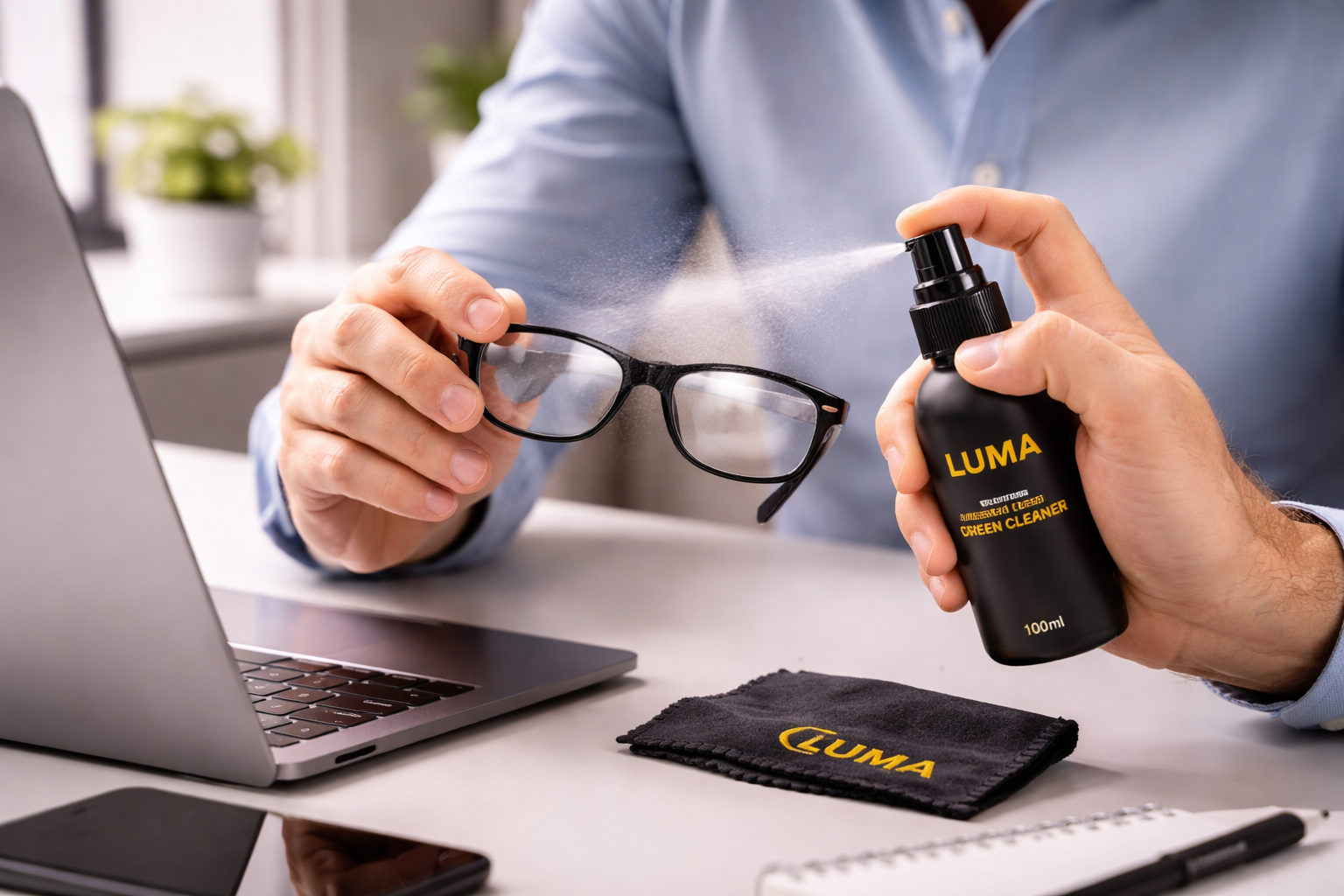 Person using LUMA screen cleaner on glasses with a laptop and phone in the background